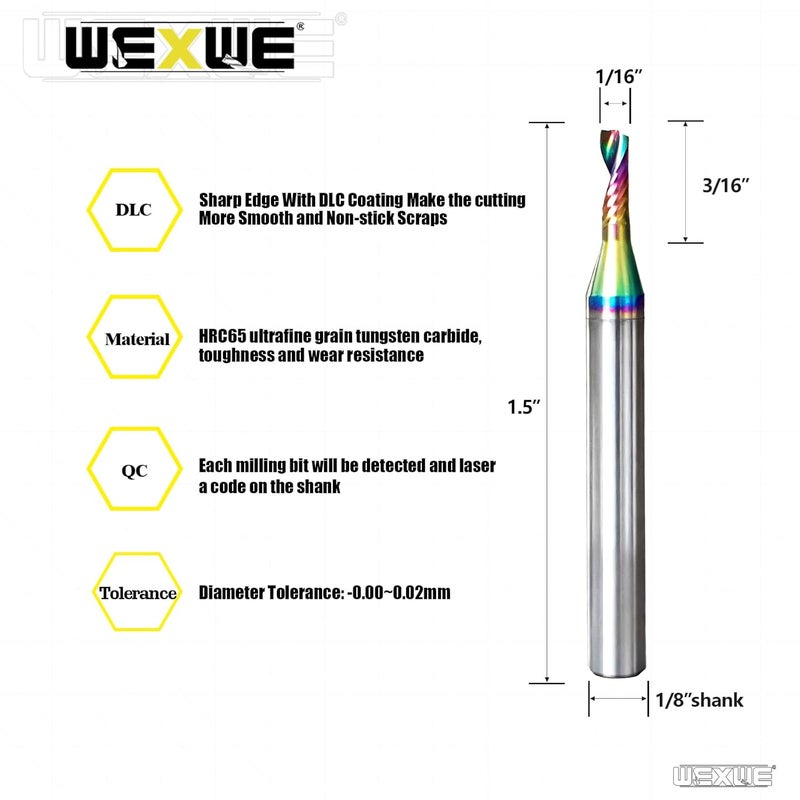 WEXWE Tools Solid Carbide CNC Spiral Single Flute End Mill - for Acrylic Plate Aluminum, Wood, Plastic, Brass, Copper Cutting - 1/16 Diameter 1/8" Shank 1.5" Length,1 Flute (1/16-1.5" 5PCS) - Image 2